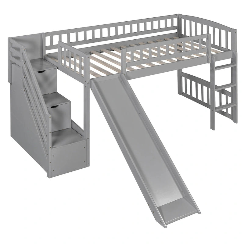 Merax Stairway Twin Size Loft Bed with Slide and Two Drawers