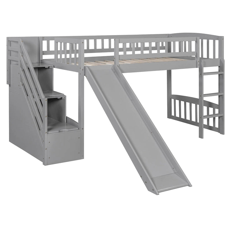 Merax Stairway Twin Size Loft Bed with Slide and Two Drawers