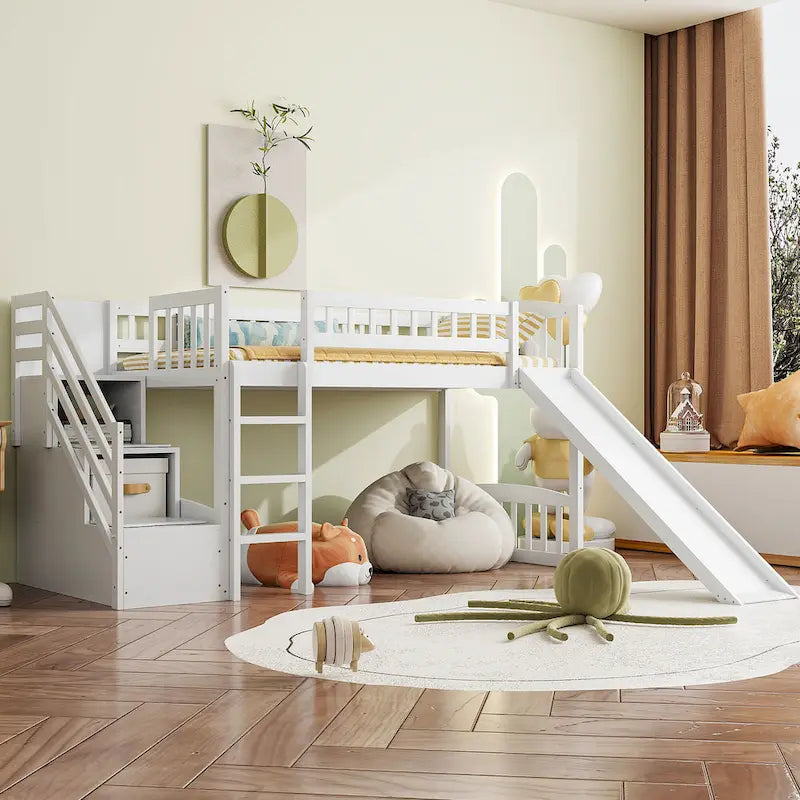 Merax Stairway Twin Size Loft Bed with Slide and Two Drawers