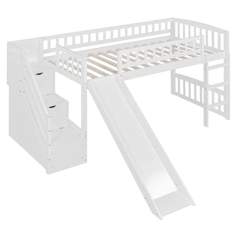 Merax Stairway Twin Size Loft Bed with Slide and Two Drawers