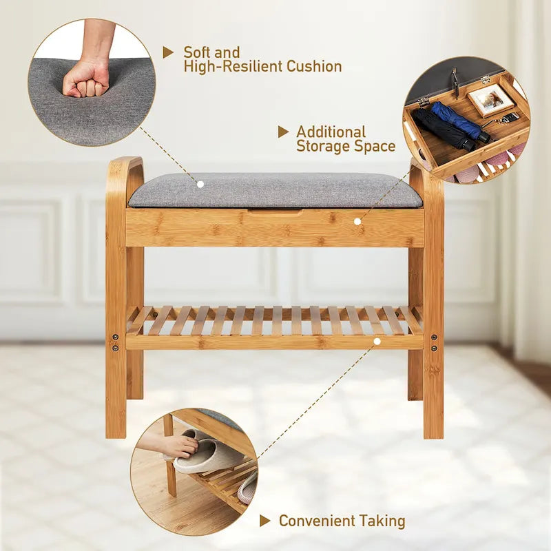 Bamboo Storage Bench Shoe Organizer Padded Seat Shoe Rack