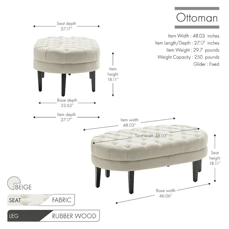 Porthos Home Itan Fabric Oval Cocktail Ottoman with Rubberwood Legs