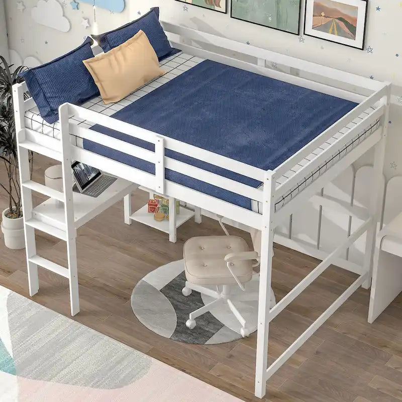 Nestfair Full Size Wooden Loft Bed with Desk and Shelves
