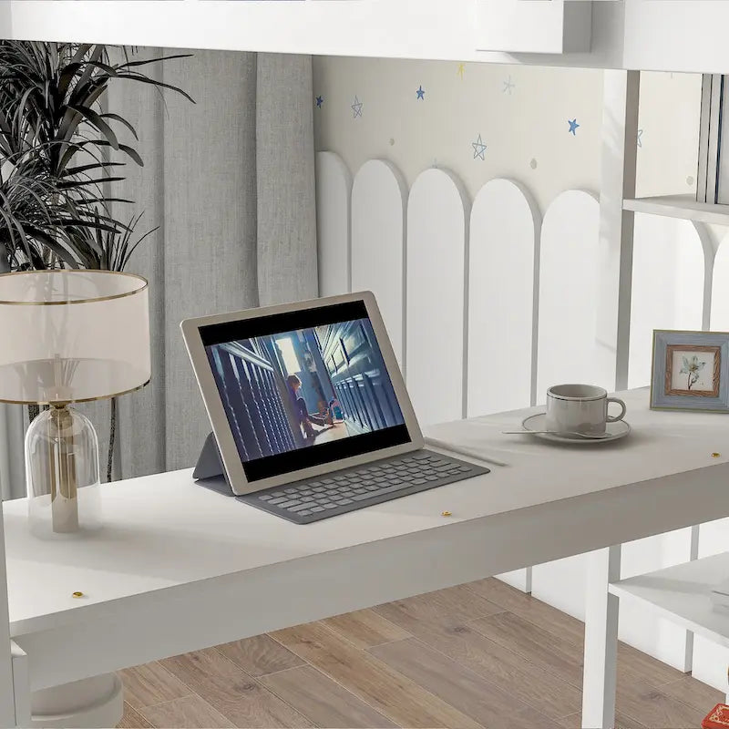Nestfair Full Size Wooden Loft Bed with Desk and Shelves