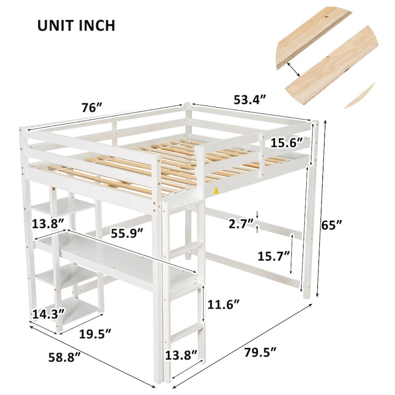 Nestfair Full Size Wooden Loft Bed with Desk and Shelves