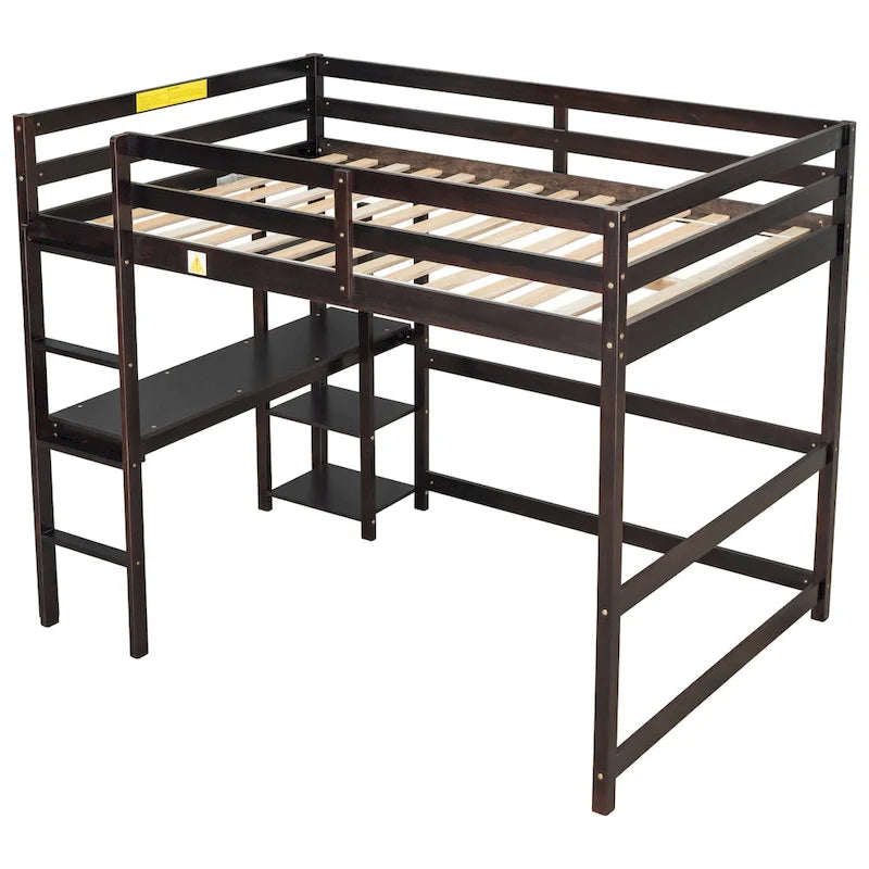 Nestfair Full Size Wooden Loft Bed with Desk and Shelves