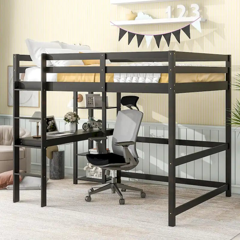 Nestfair Full Size Wooden Loft Bed with Desk and Shelves