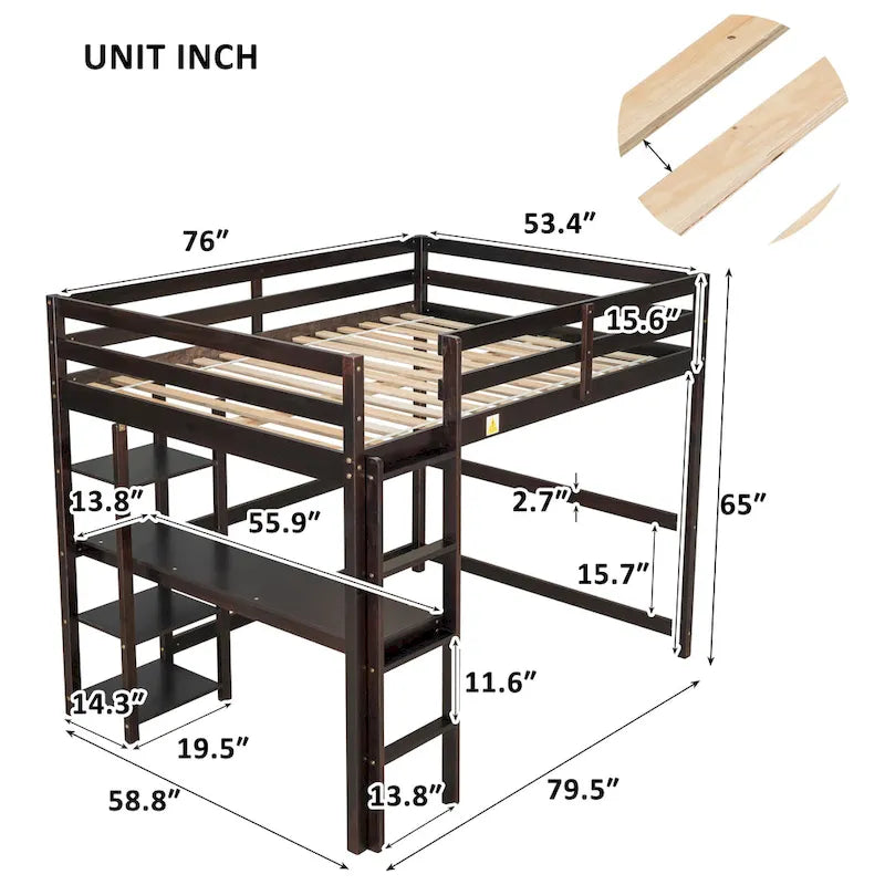 Nestfair Full Size Wooden Loft Bed with Desk and Shelves