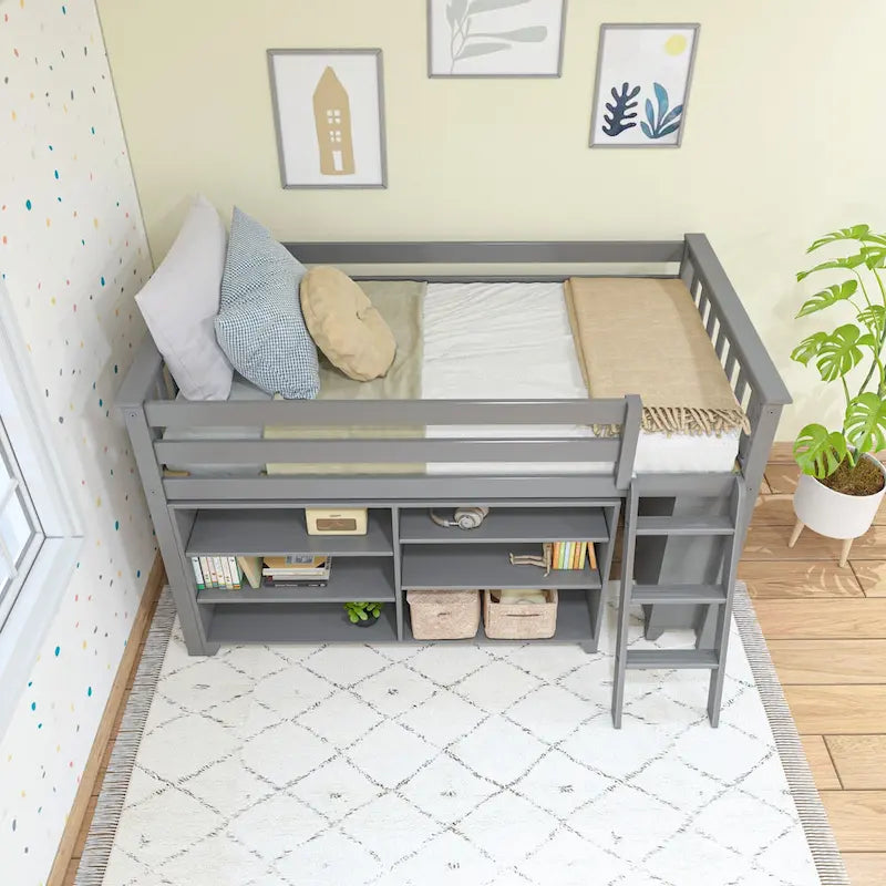 Max and Lily Twin-Size Low Loft with 3-Shelf Bookcase and 6-Shelf Bookcase