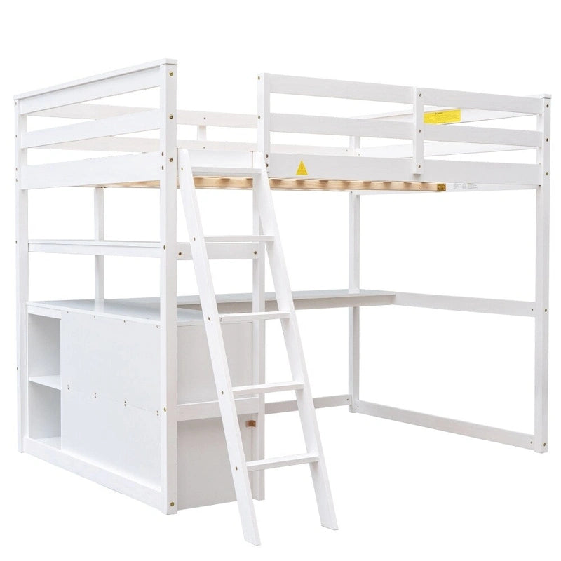 Full Size Loft Bed with Desk and Shelves
