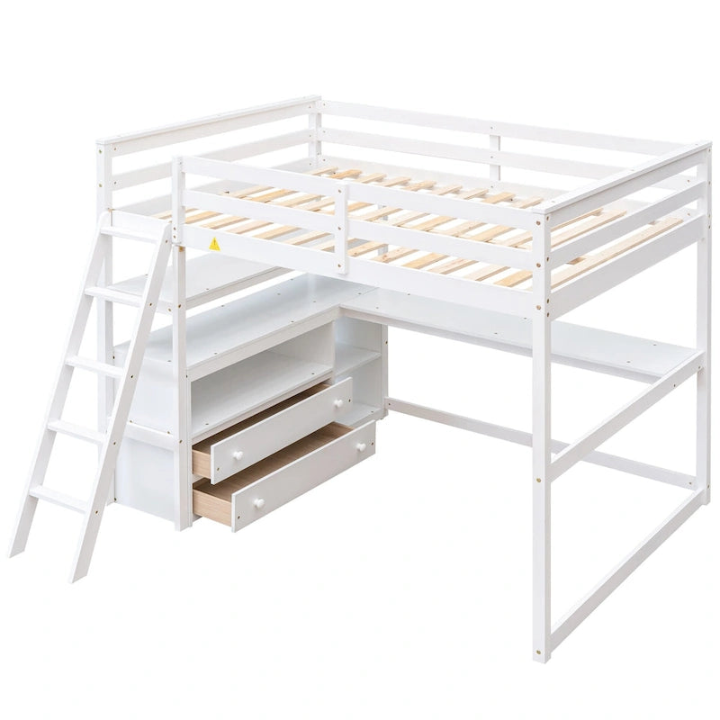 Full Size Loft Bed with Desk and Shelves