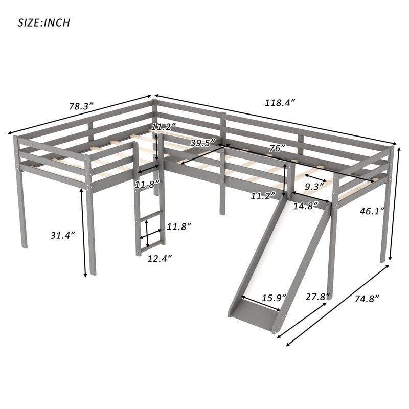Wooden Twin Size L-Shaped Loft Bed with Ladder and Slide
