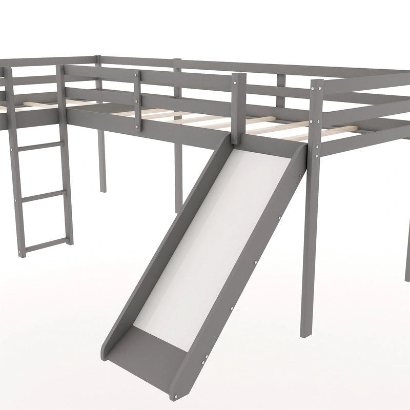 Wooden Twin Size L-Shaped Loft Bed with Ladder and Slide
