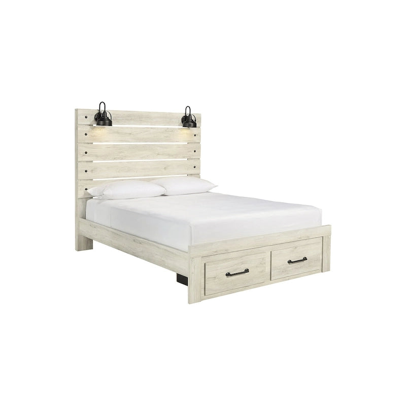 Cambeck Whitewashed Panel Bed w/ 2 Footboard Storage Drawers