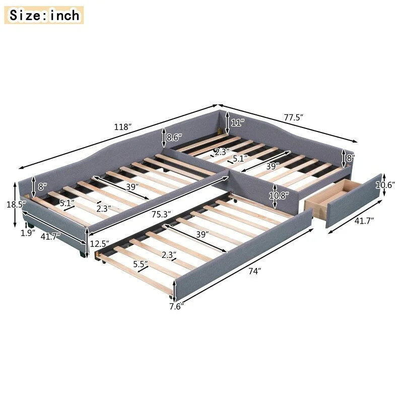 Upholstered Double Twin Size Daybed with Trundle and Drawer