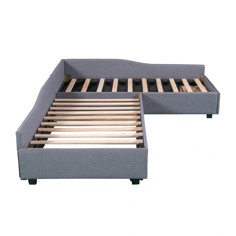 Upholstered Double Twin Size Daybed with Trundle and Drawer