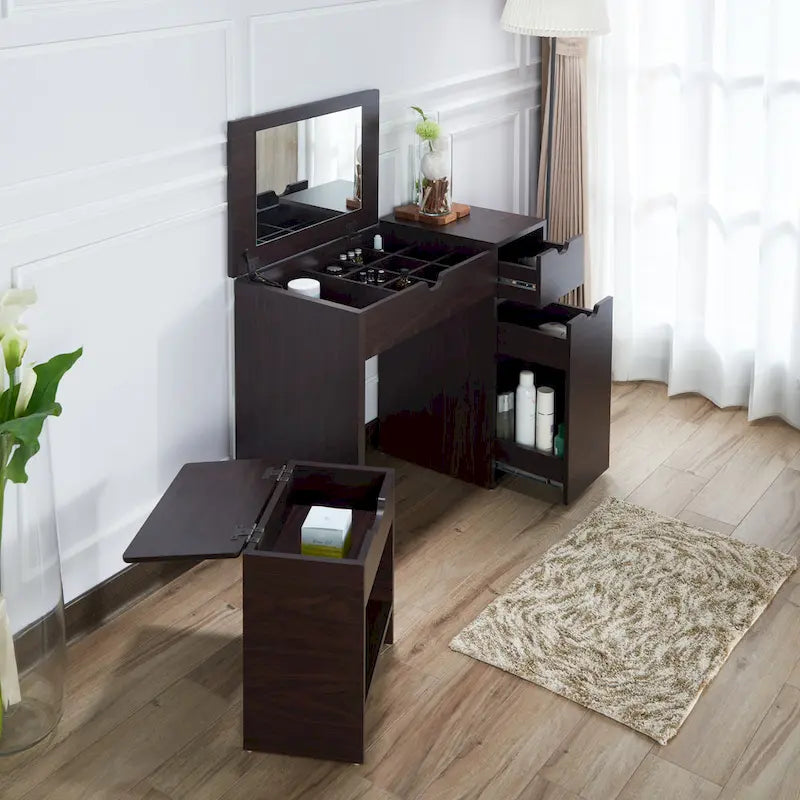 DH BASIC Modern Walnut 36 Storage Vanity and Stool Set by Denhour