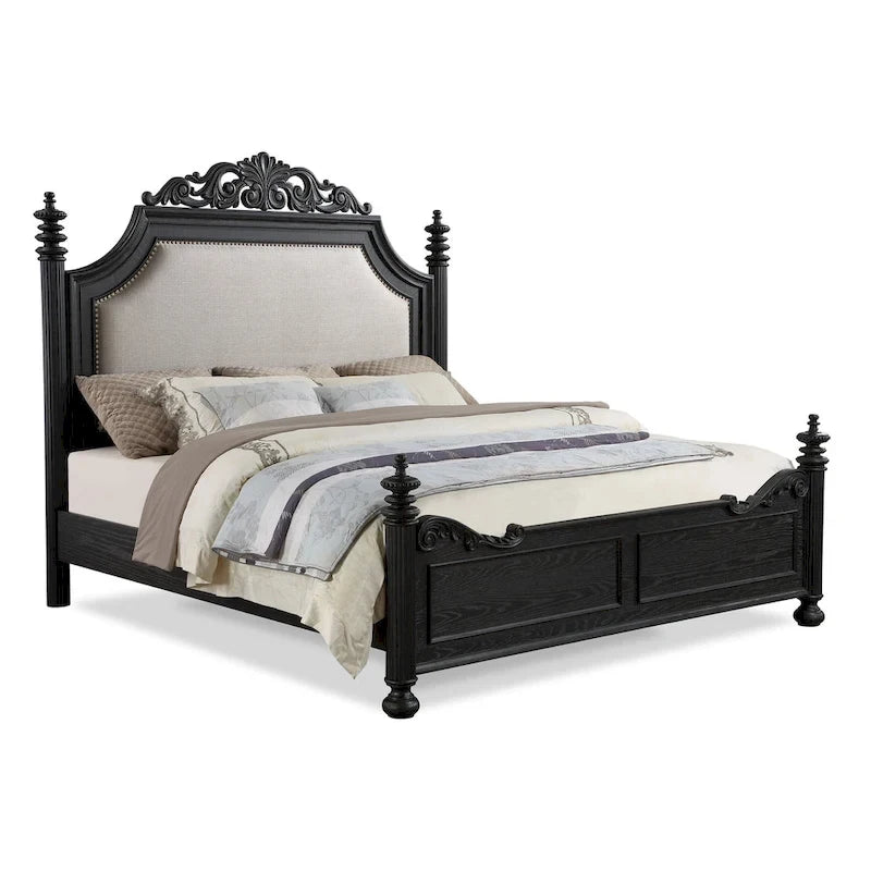 Aliana 3 Piece Black Modern Contemporary Solid Wood, Veneers Fabric Upholstered Bedroom Set