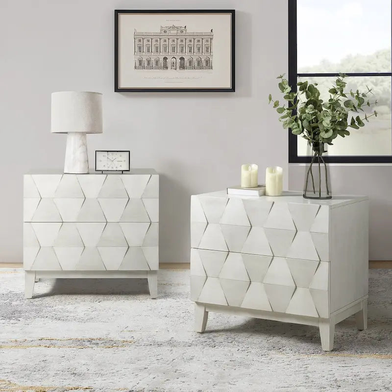 Ethe Mid-Century 2-Drawer Storage Nightstand with Adjustable Solid Wood legs and Charging Station Set of 2 By HULALA HOME