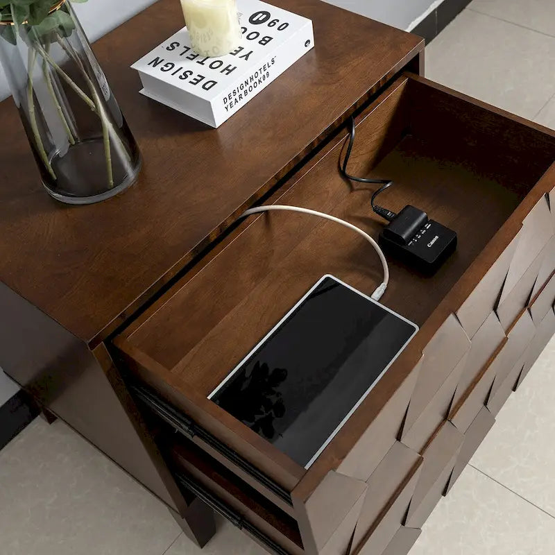 Ethe Mid-Century 2-Drawer Storage Nightstand with Adjustable Solid Wood legs and Charging Station Set of 2 By HULALA HOME