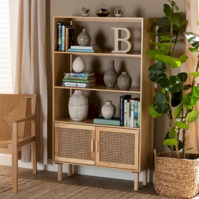 Faulkner Mid-Century Modern Wooden Bookcase & Bookshelf-Natural Brown