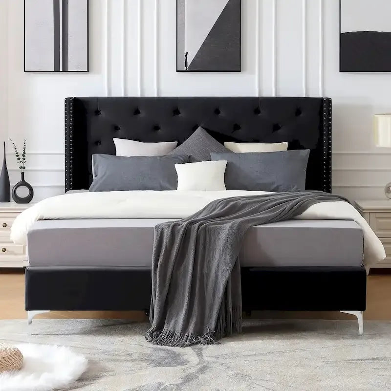 Morden Fort King Size Velvet Upholstered Platform Bed Frame with 6 inches Metal Legs