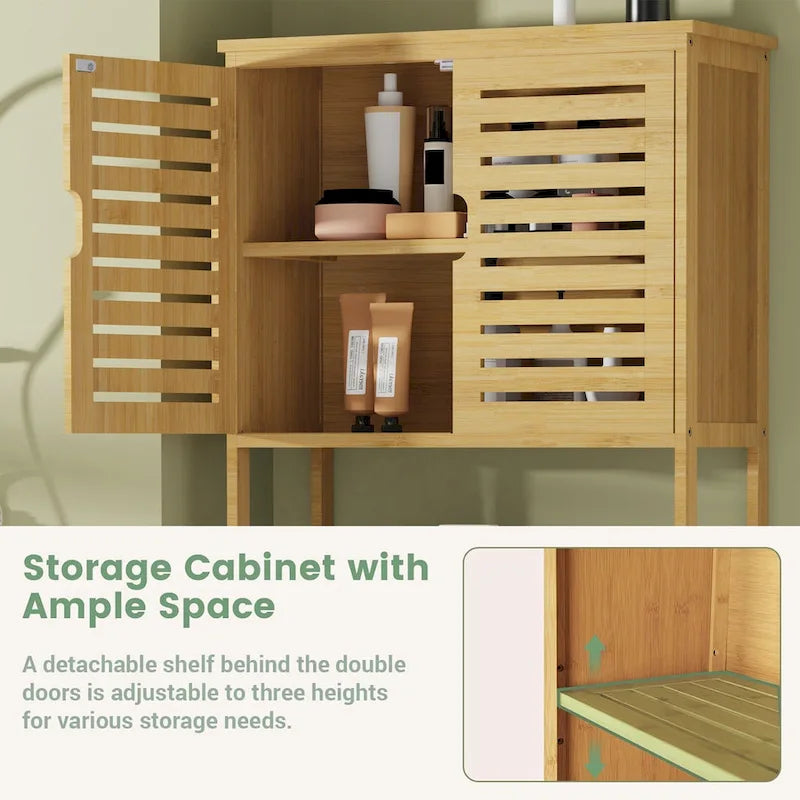 Over The Toilet Storage Bamboo Toilet Rack With Open Shelf and Cabinet