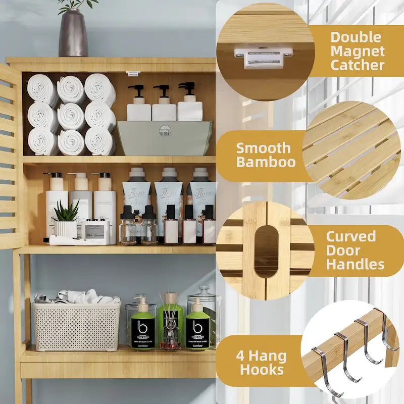 Over The Toilet Storage Bamboo Toilet Rack With Open Shelf and Cabinet