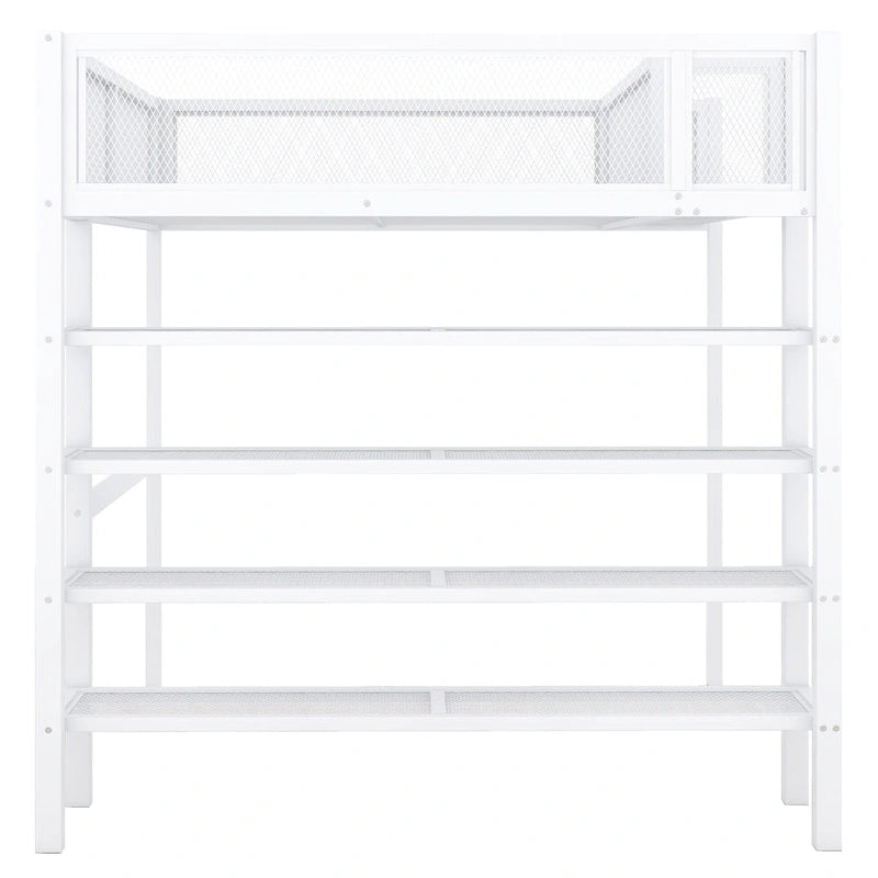 Full Size Metal Loft Bed with 4-Tier Shelves and Storage, Black