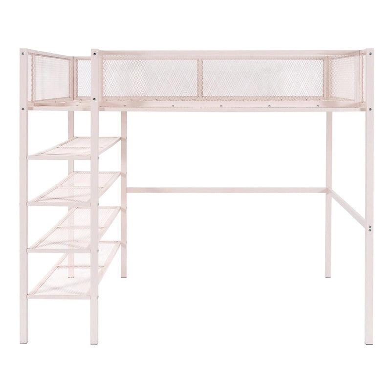 Full Size Metal Loft Bed with 4-Tier Shelves and Storage, Black