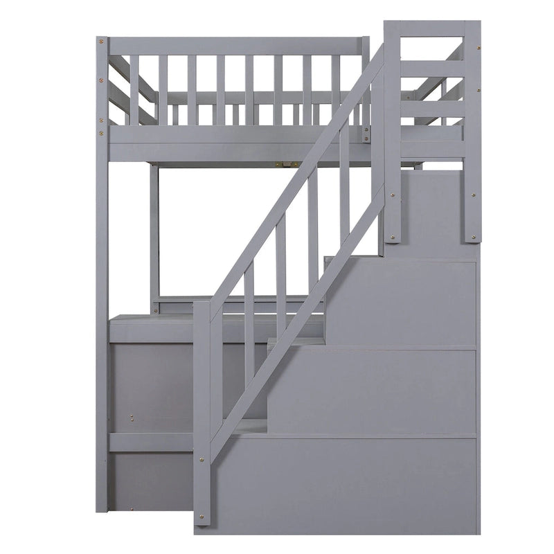 Full Size Loft Bed with Built-in L-Shaped Desk and Three-Tier Storage Shelves,and Attached Storage Staircase, White