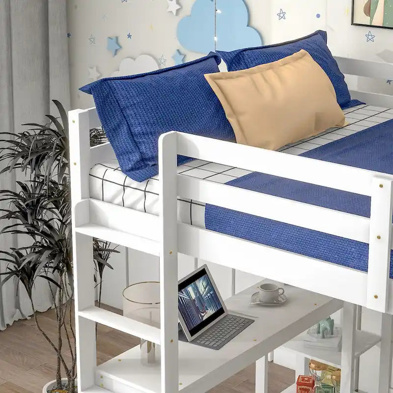 Full Loft Bed with Desk ,Shelves and Ladder, Grey