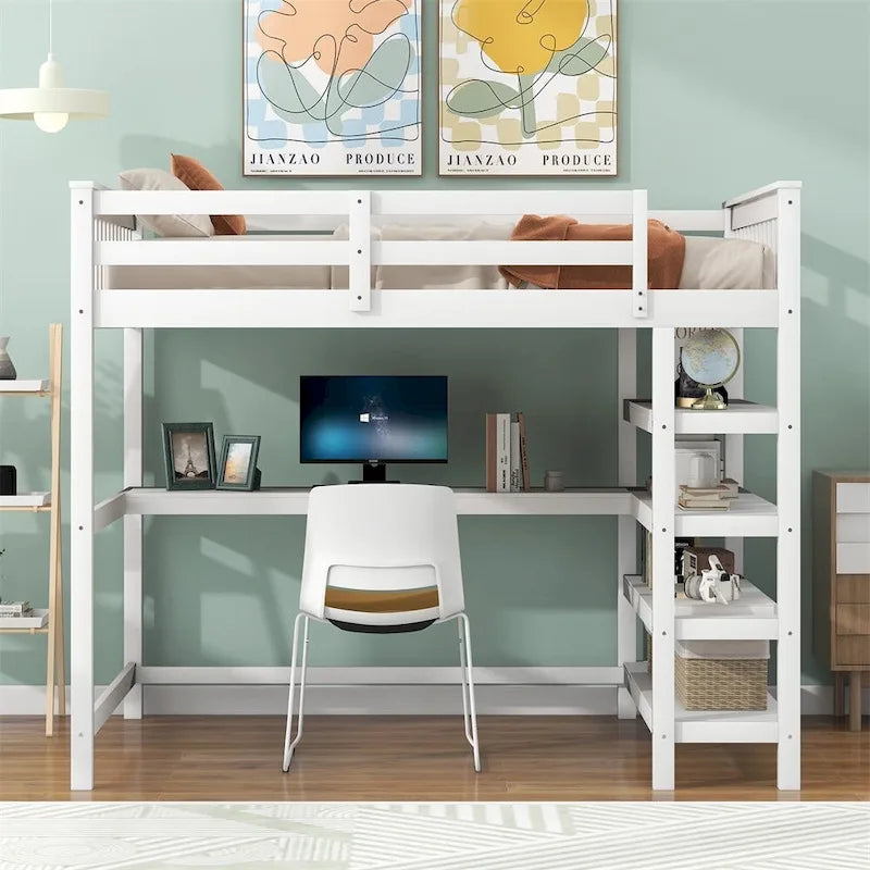 Merax Loft Bed with Storage Shelves and Under-bed Desk
