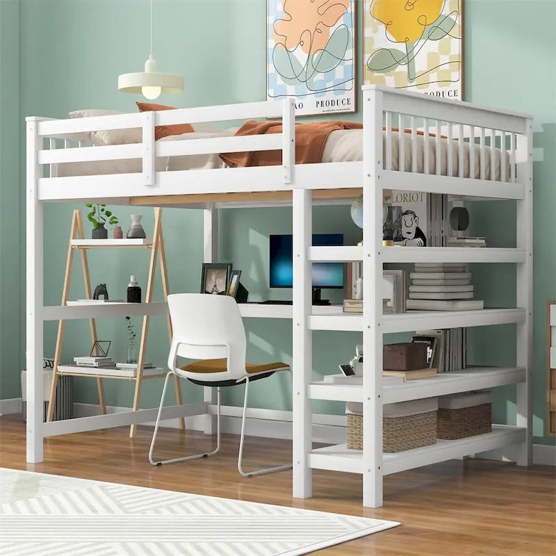 Merax Loft Bed with Storage Shelves and Under-bed Desk