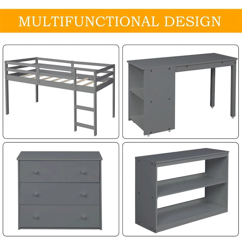 Merax Twin Low Loft Bed with Desk and Cabinet