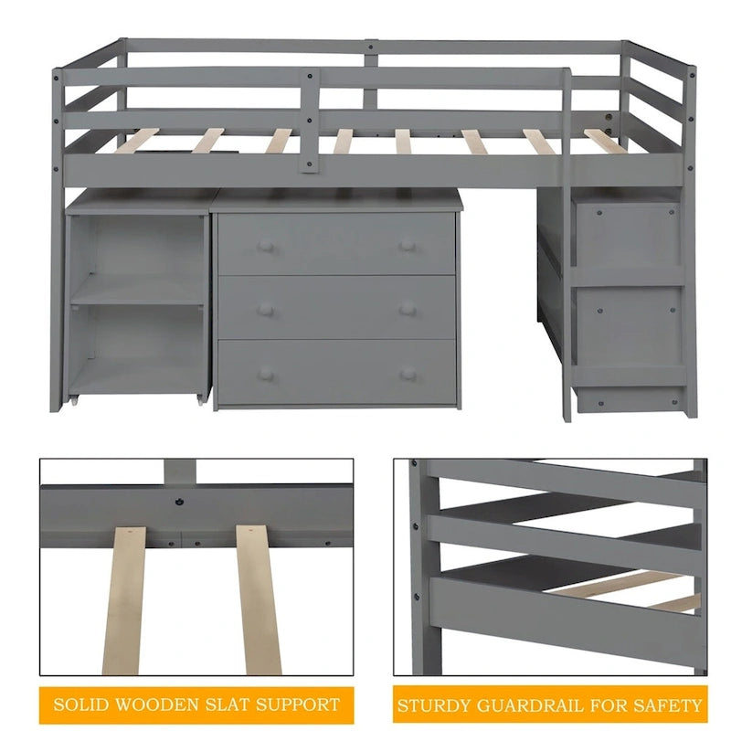 Merax Twin Low Loft Bed with Desk and Cabinet