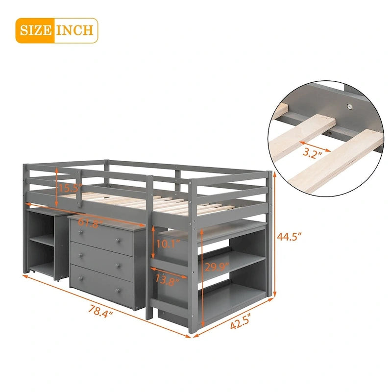 Merax Twin Low Loft Bed with Desk and Cabinet