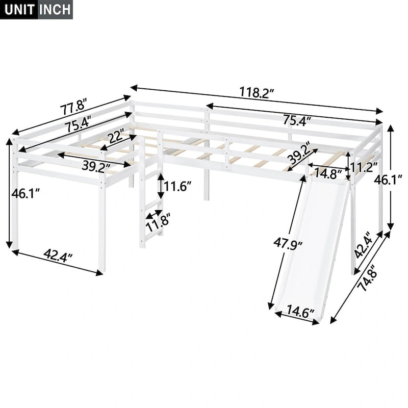 Merax L-Shaped Twin Size Wood Loft Bed with Ladder and Slide