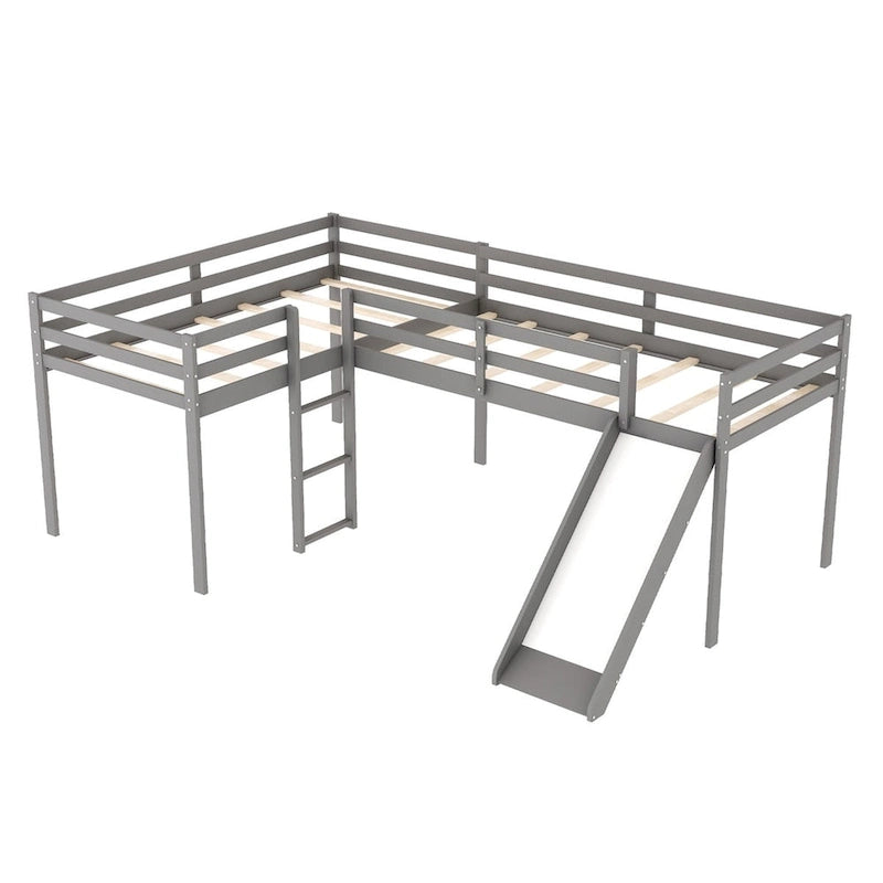 Merax L-Shaped Twin Size Wood Loft Bed with Ladder and Slide