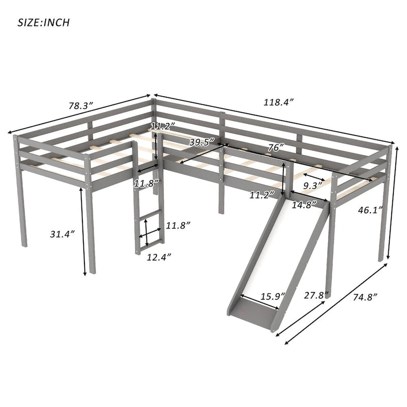 Merax L-Shaped Twin Size Wood Loft Bed with Ladder and Slide