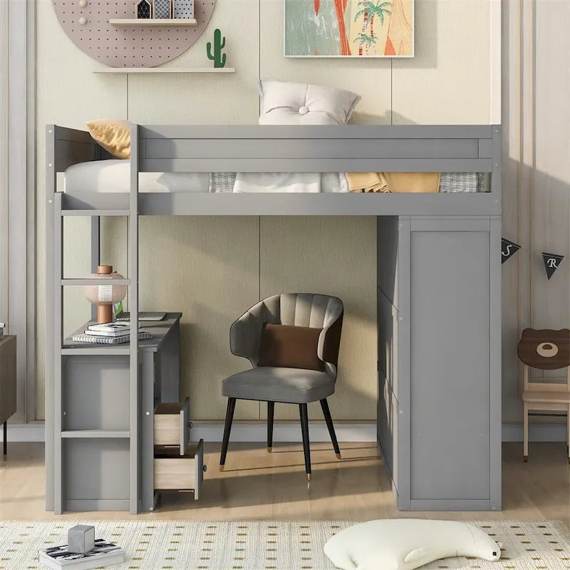Merax Wood Loft Bed with Wardrobes and 2-Drawer Desk with Cabinet
