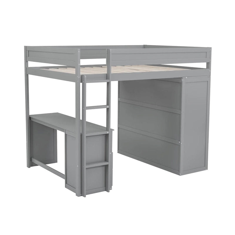 Merax Wood Loft Bed with Wardrobes and 2-Drawer Desk with Cabinet
