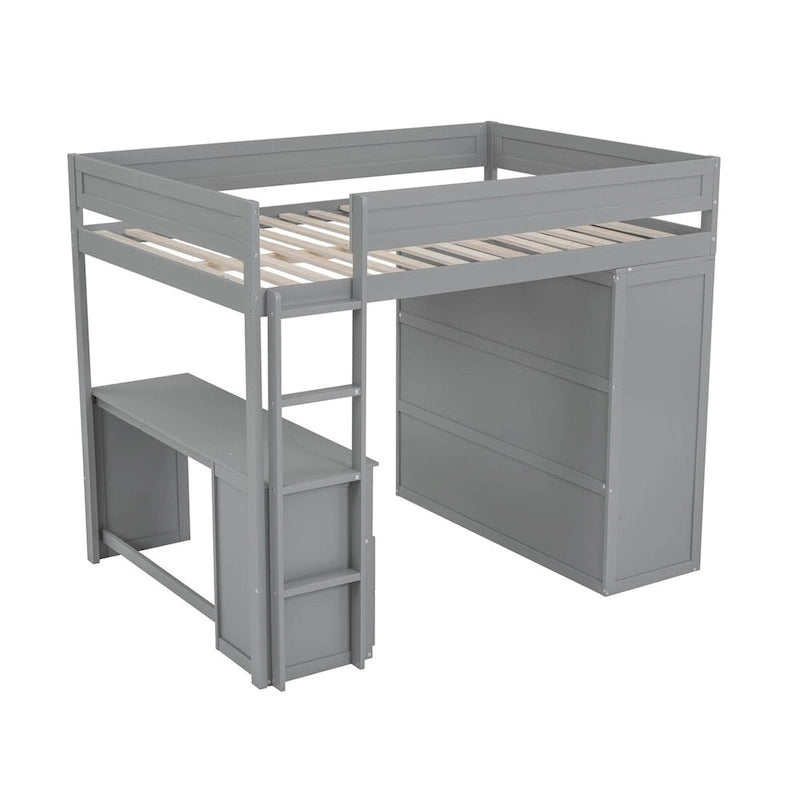 Merax Wood Loft Bed with Wardrobes and 2-Drawer Desk with Cabinet