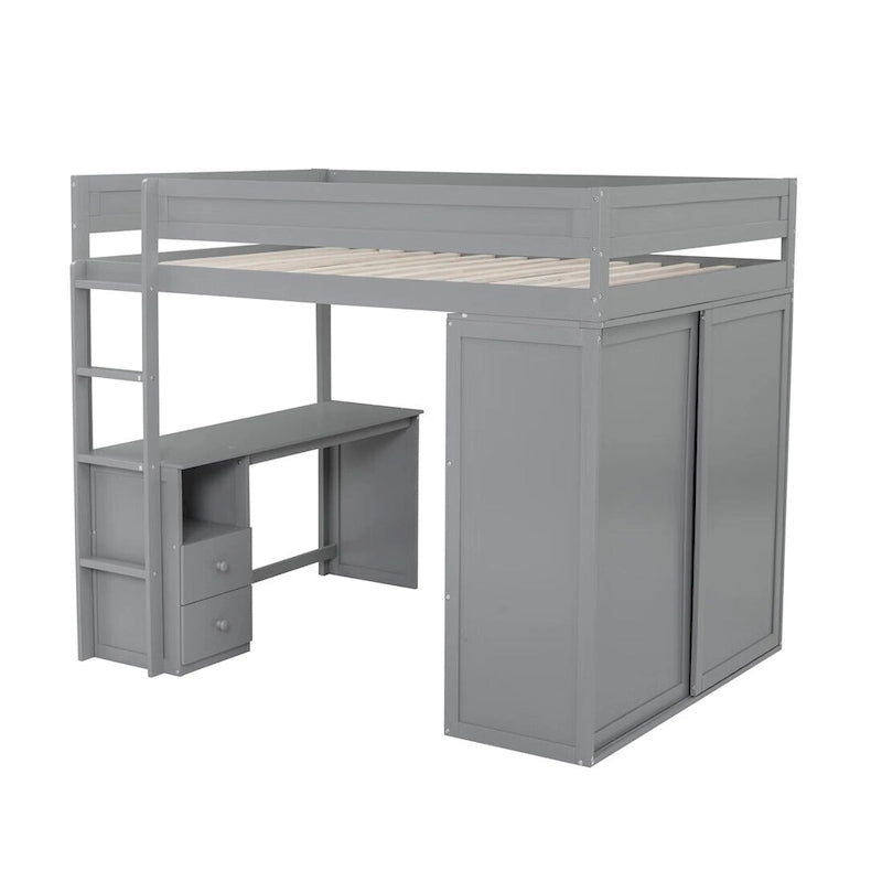 Merax Wood Loft Bed with Wardrobes and 2-Drawer Desk with Cabinet