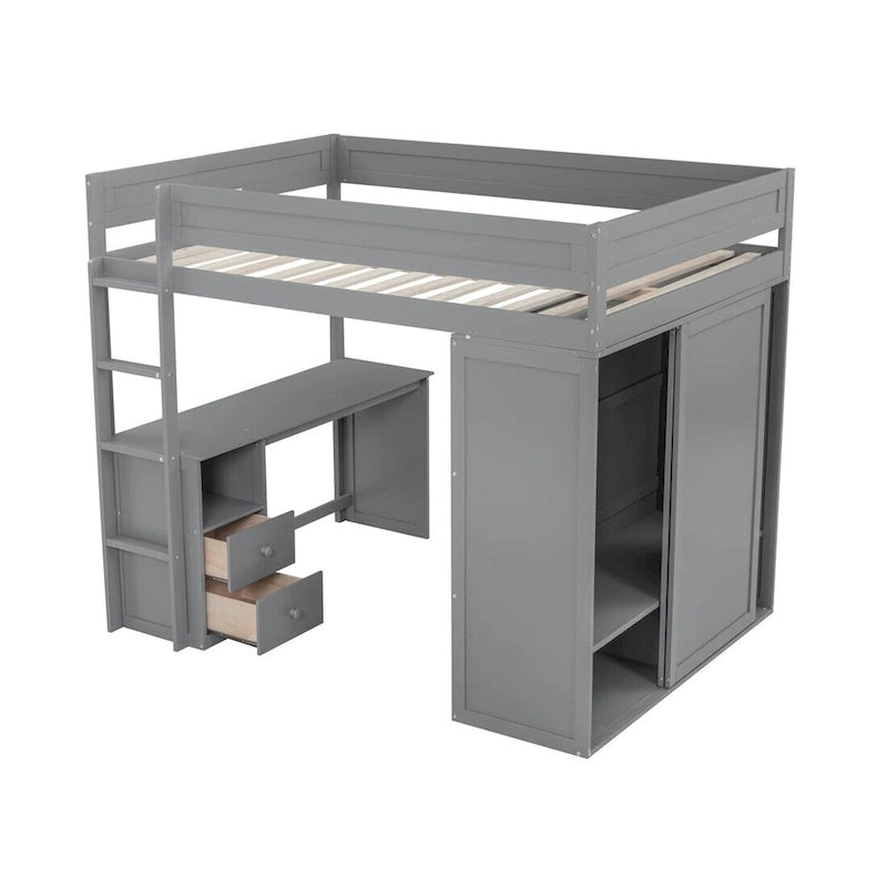 Merax Wood Loft Bed with Wardrobes and 2-Drawer Desk with Cabinet