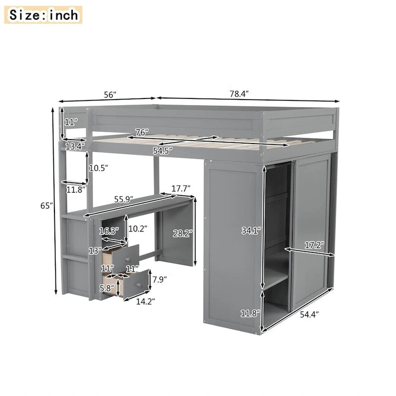 Merax Wood Loft Bed with Wardrobes and 2-Drawer Desk with Cabinet
