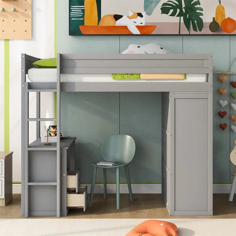 Merax Wood Loft Bed with Wardrobes and 2-Drawer Desk with Cabinet
