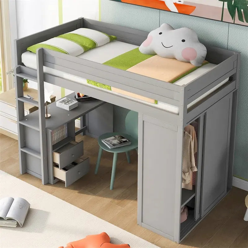 Merax Wood Loft Bed with Wardrobes and 2-Drawer Desk with Cabinet