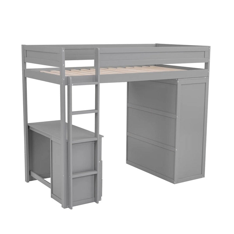 Merax Wood Loft Bed with Wardrobes and 2-Drawer Desk with Cabinet