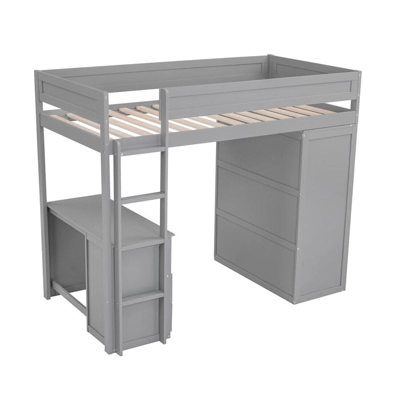 Merax Wood Loft Bed with Wardrobes and 2-Drawer Desk with Cabinet